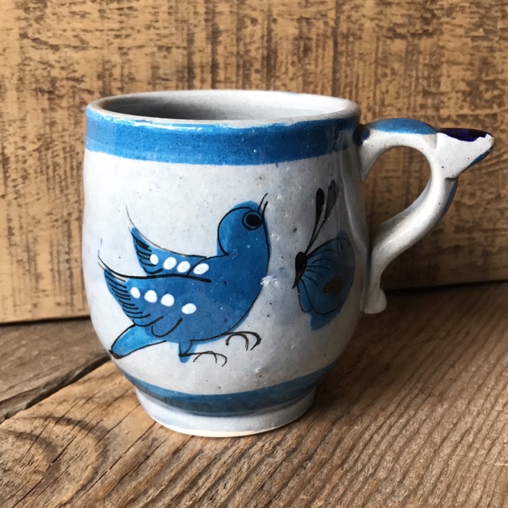 VTG Tonala Mexico Handmade Ceramic Blue Bird Floral Mug